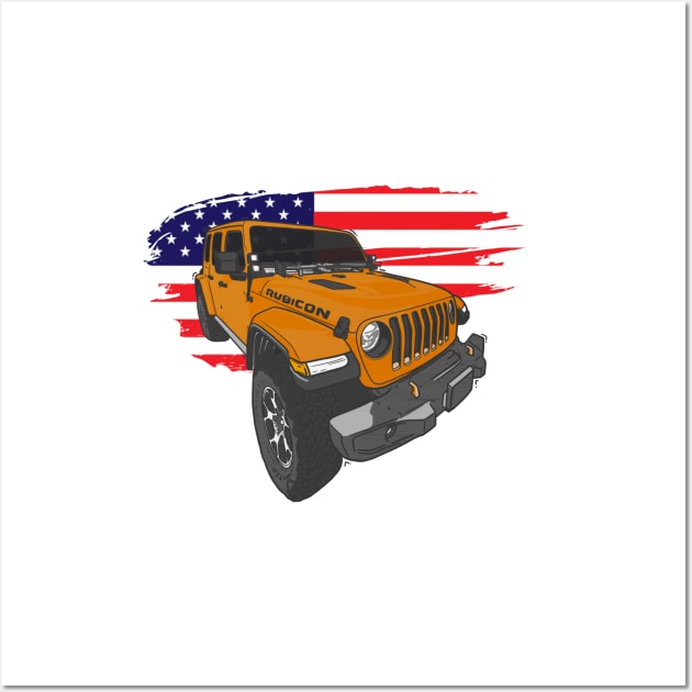 Jeep Wrangler with American Flag - Orange Wall Art by 4x4 Sketch